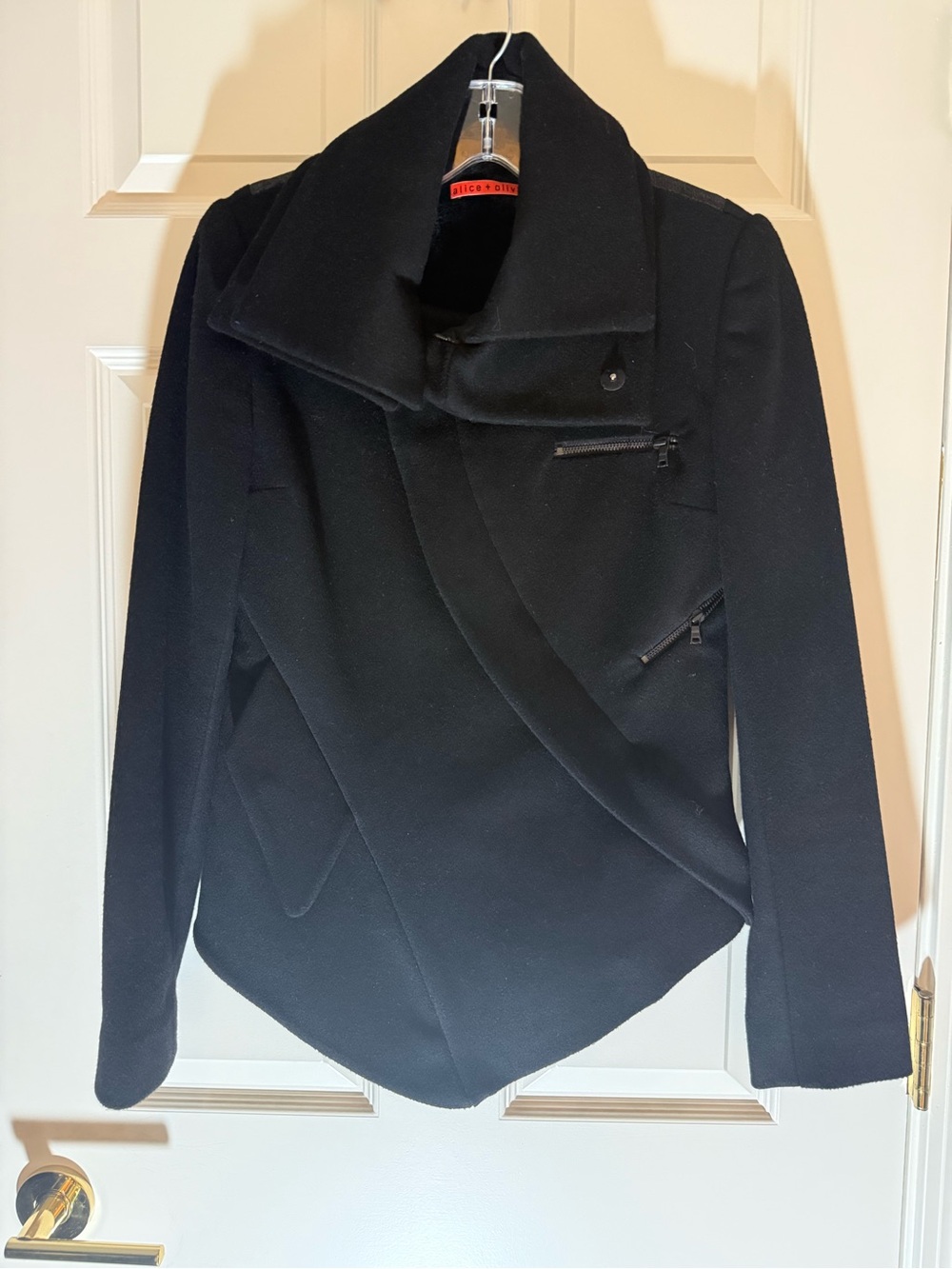 Alice + Olivia Black Asymmetric Funnel-Neck Pea Coat